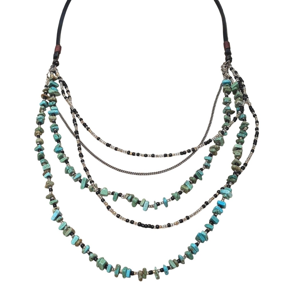 Peyote Bird Sundance Sterling Turquoise Cord Layered Multi Strand Bead Necklace